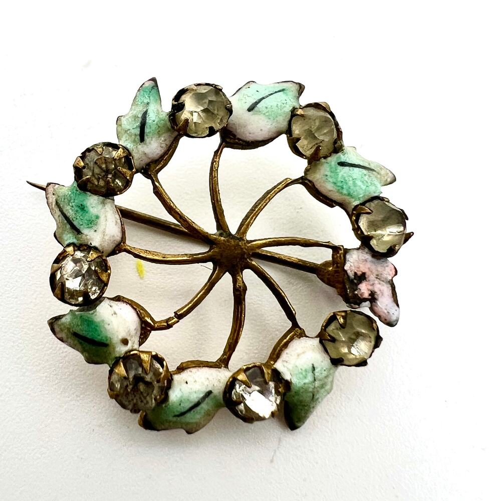 Vintage MCM Green Cream Leaf and Rhinestone Round Pin Brooch 1"